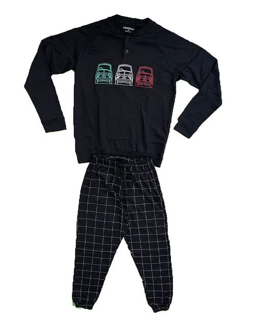 Pigiama Caldo Cotone Uomo in Due Pezzi Lungo Fantasia Motori - Oro Nero - Home Shopping Italia