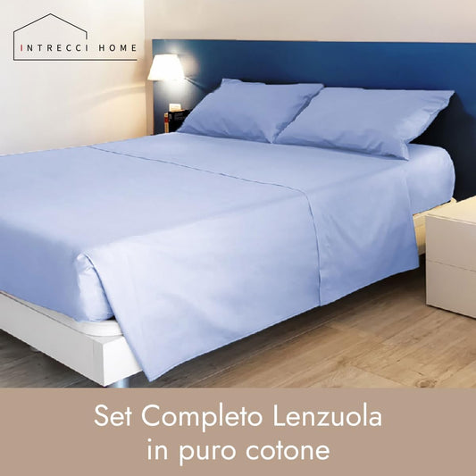 Intrecci Home Completo Lenzuola Matrimoniale, Set Lenzuola in Puro Cotone, Lenzuolo sopra 260x300cm + Lenzuolo sotto 180x200+30cm + 2 federe 52x82cm, Made in Italy, Elegante, Confortevole, Tinta Unita - Home Shopping Italia