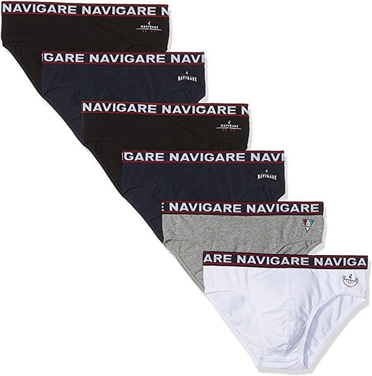 NAVIGARE UNDERWEAR Confezione da N. 6 Slip Uomo in Morbido Cotone BIELASTICO Soft Elastico Esterno, Massima Vestibilita', Colori Assortiti Bianco, Nero, Navy, Grigio Melange