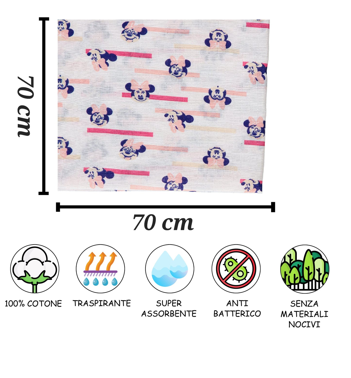 Ellepi Mussole Disney Minnie Topolino Neonato Morbido Cotone Organico Bambini Asciugamani Copertine Lenzuolini Swaddle Panni Telo Fasciatoio Allattamento Culla 70x70 Cm Confezione Regalo (Topolino) - Home Shopping Italia