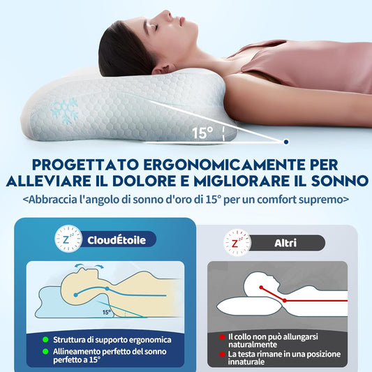 CloudÉtoile Cuscino Cervicale Memory Foam - 2 in 1 Cuscino Letto Ortopedico con Schiuma per Dormire sul lato e sulla schiena, Supporto Ergonomico Guanciale Letto Regolabile in altezza (64x38x10/12 cm) - Home Shopping Italia