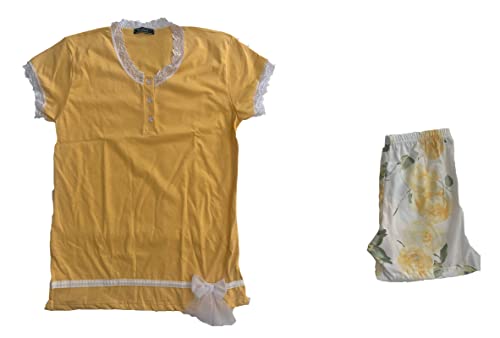 Generic Pigiama serafino da donna lungo due pezzi e corto due pezzi in cotone con ricami in pizzo Art. P1437 - P1439 varie taglie e colori - Exclusive
