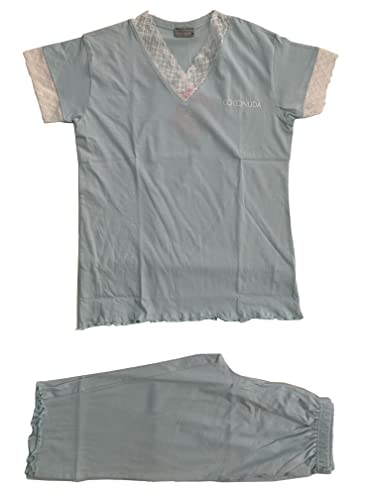 Generic Pigiama da Donna Scollo V Corto con Ricami in Pizzo Colori Lilla Cielo Varie Taglie Art. CNP6303 - Coconuda