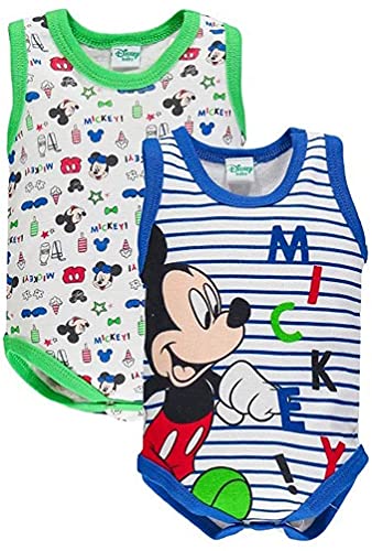 Ellepi Body Neonato Senza Maniche Topolino Mickey Mouse Costine Set 2 Pz AF5044 (Blu/Verde, 1 Mese)