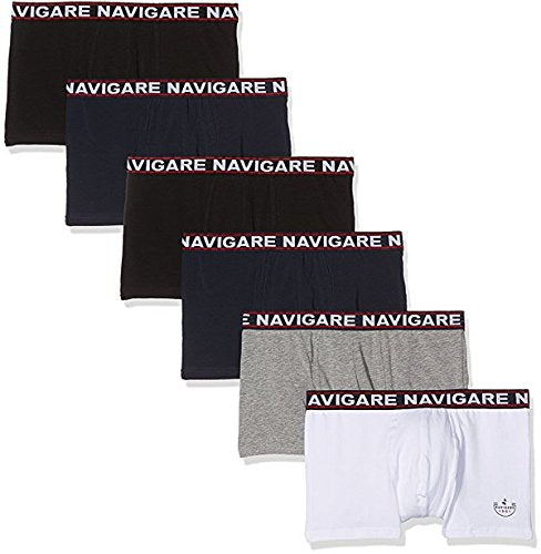 NAVIGARE UNDERWEAR CONFEZIONE DA N. 6 BOXER UOMO IN MORBIDO COTONE BIELASTICO SOFT ELASTICO ESTERNO, MASSIMA VESTIBILITA', COLORI ASSORTITI BIANCO, NERO, NAVY, GRIGIO MELANGE