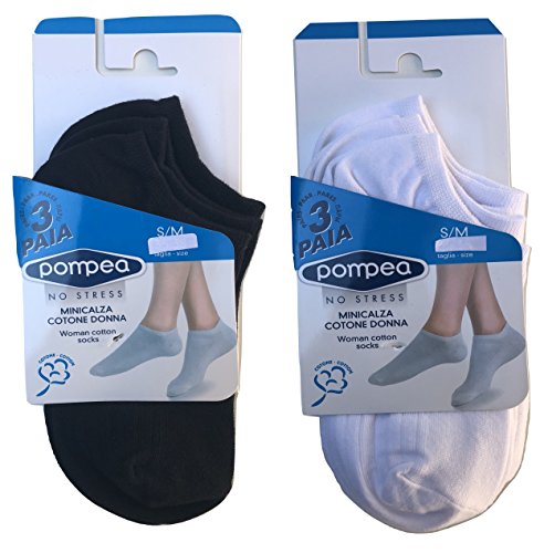 pompea. 6 paia calzini fantasmini invisibili fresco cotone,modello unisex, vari assortimenti. (39/42, 3 bianco+ 3 nero)