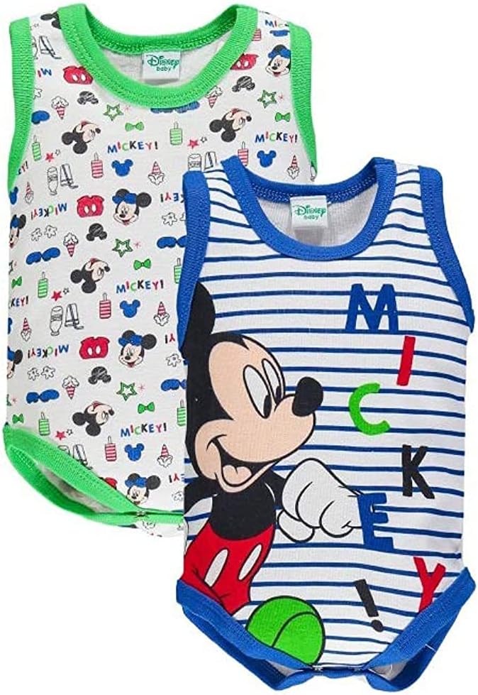 Ellepi Body Neonato Senza Maniche Topolino Mickey Mouse Costine Set 2 Pz AF5044 (Blu/Verde, 6 Mesi)