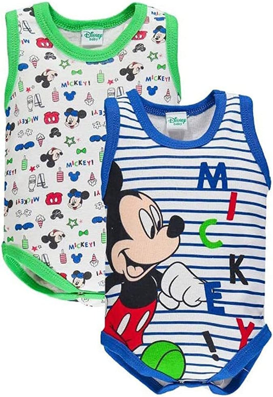 Ellepi Body Neonato Senza Maniche Topolino Mickey Mouse Costine Set 2 Pz AF5044 (Blu/Verde, 6 Mesi)