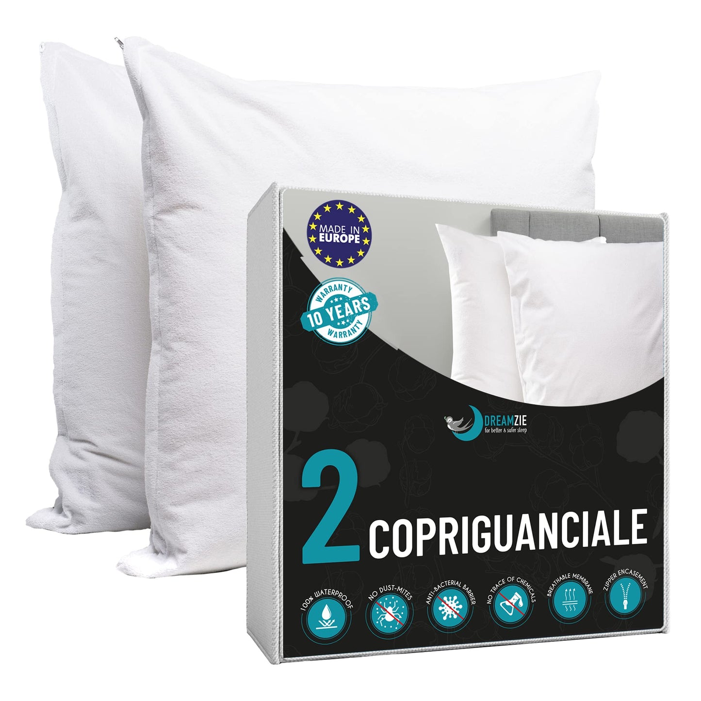 Copricuscini Letto Matrimoniale 50x80 Antiacaro Anallergico Made in EU & OEKO TEX by Dreamzie - Copriguanciale con Cerniera Impermeabili - Home Shopping Italia 