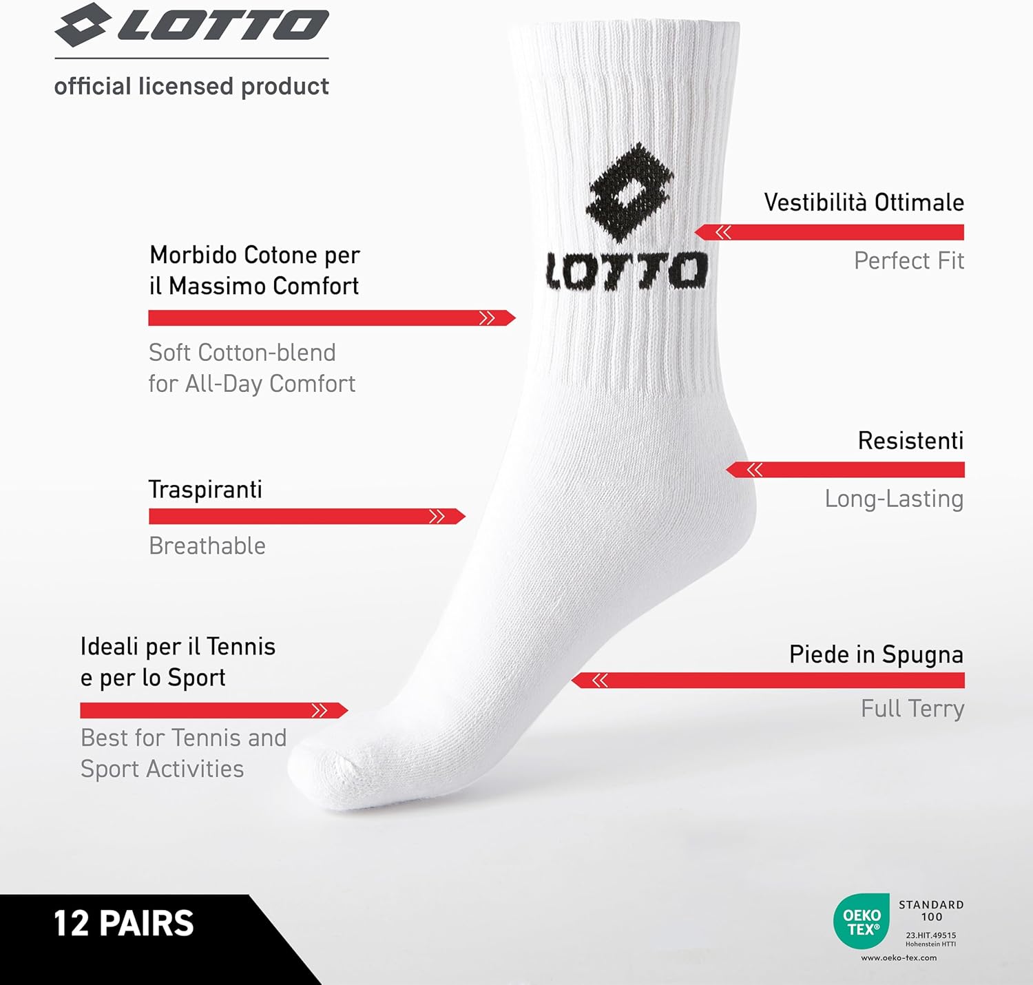 Lotto 12 Paia Calzini Tennis Uomo/Donna in Morbido Cotone traspirante, Certificati OEKO-TEX, Bianco, 43-46