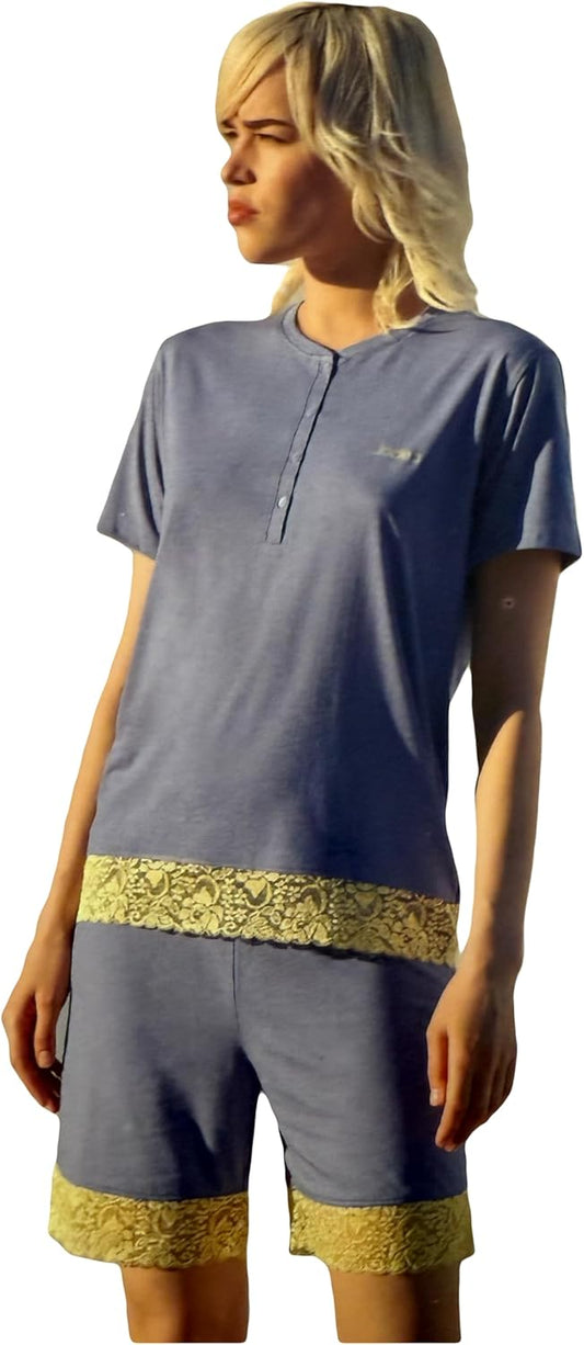 Generico Jadea Pigiama Donna Corto, Set 2 Pezzi in Modal e Cotone con Pizzo, T-Shirt e Pantaloncini