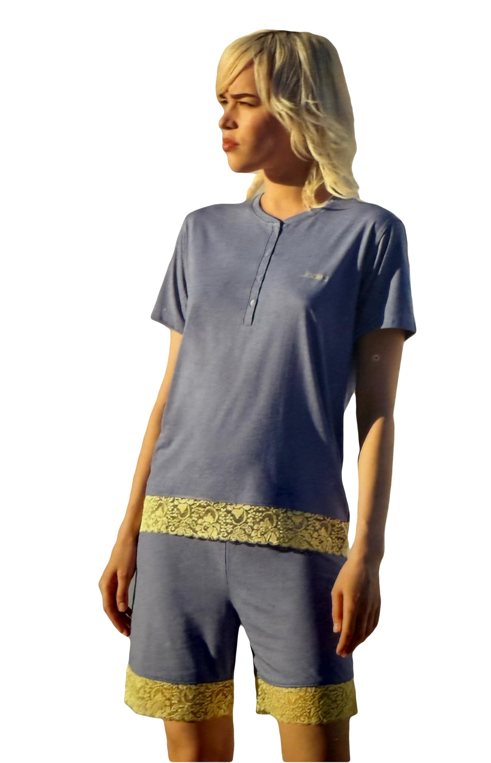 Generico Jadea Pigiama Donna Corto, Set 2 Pezzi in Modal e Cotone con Pizzo, T-Shirt e Pantaloncini