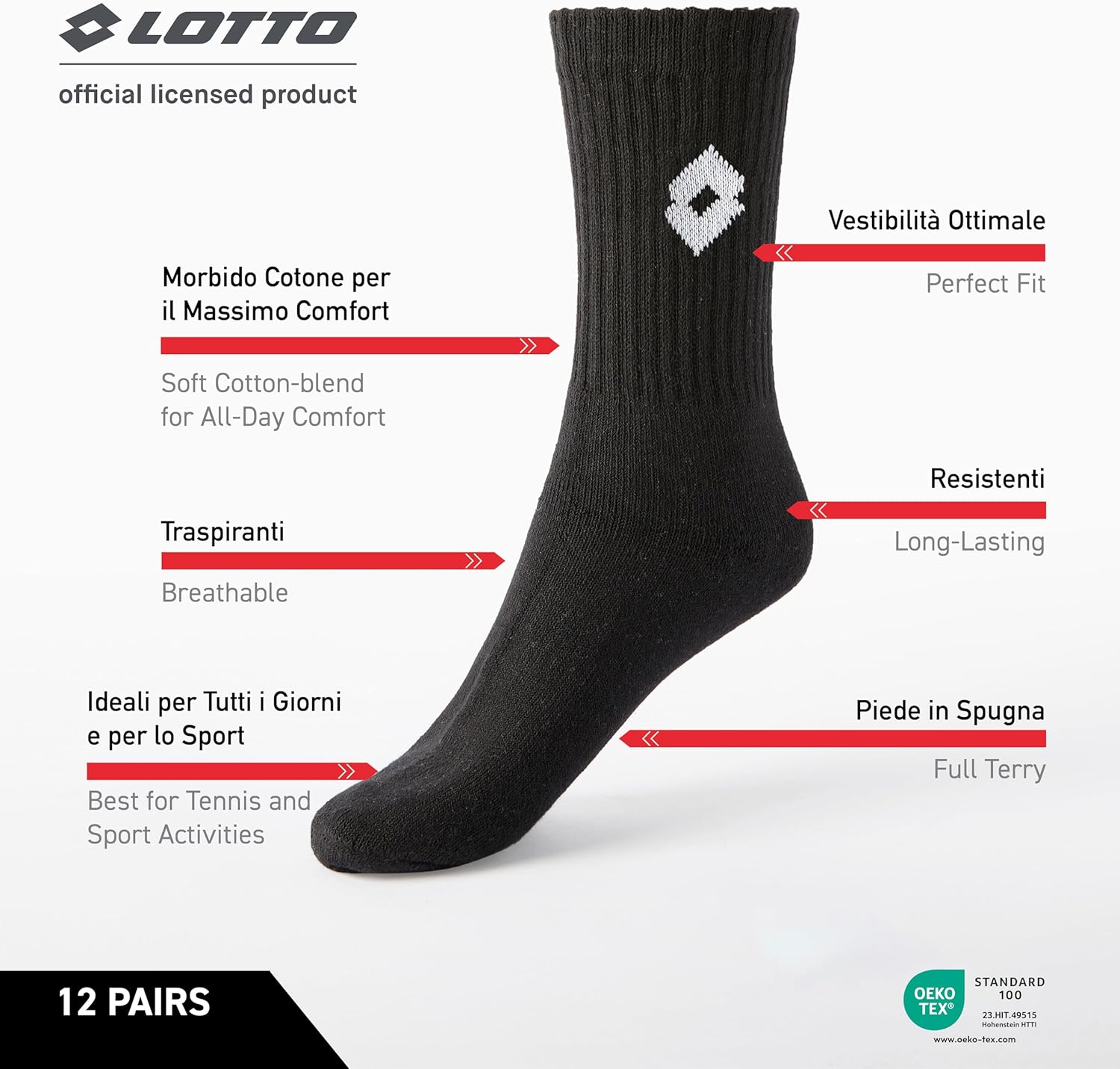 Lotto 12 Paia Calzini Tennis Uomo/Donna in Morbido Cotone traspirante, Certificati OEKO-TEX, Nero, 39-42