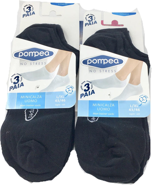 POMPEA Pack 6 Paia Fantasmini Uomo Blu Nero Bianco Cotone